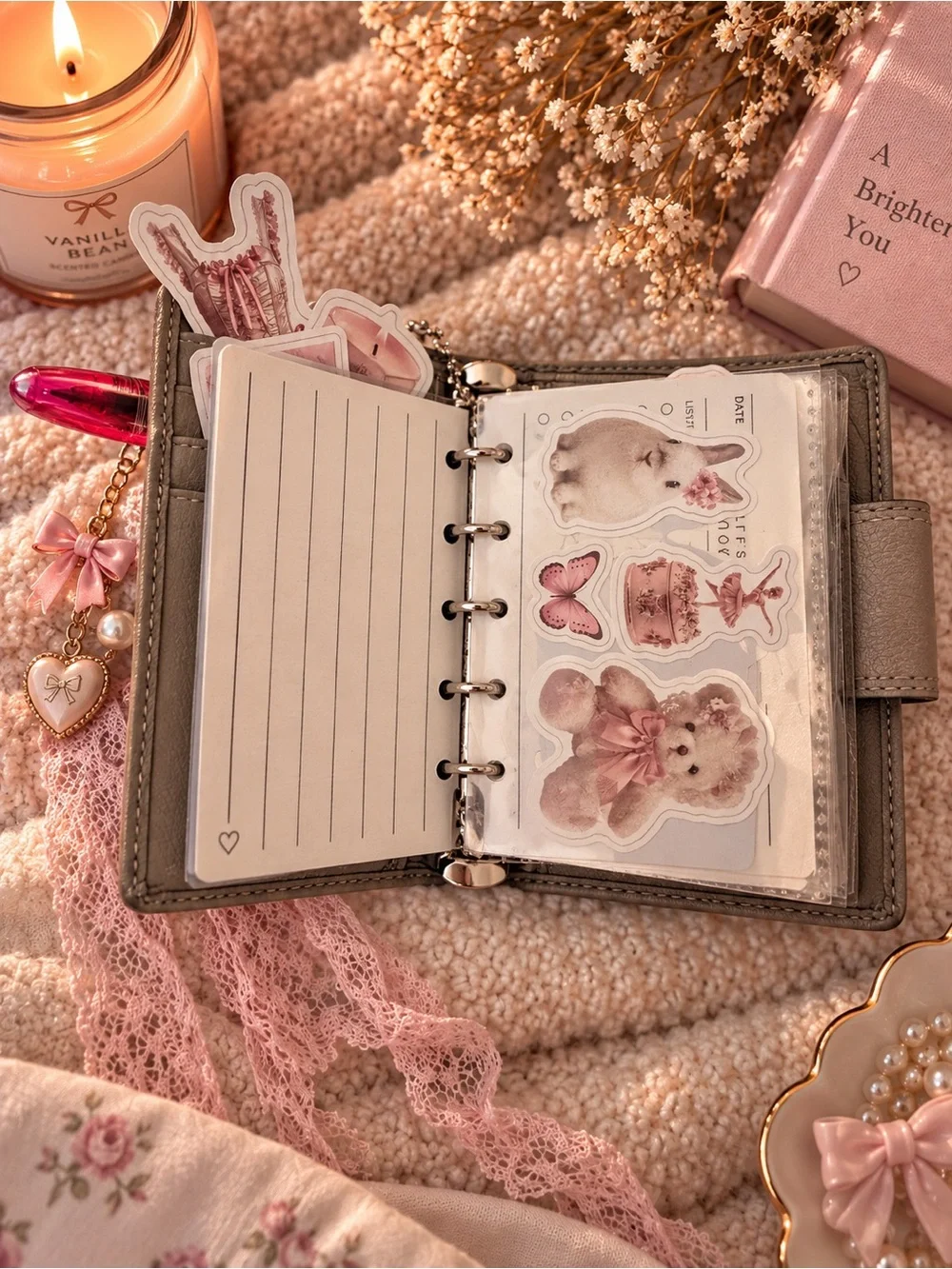 Coach Taupe Leather Card Holder with Pink Bow Charm and Hot Pink Pen